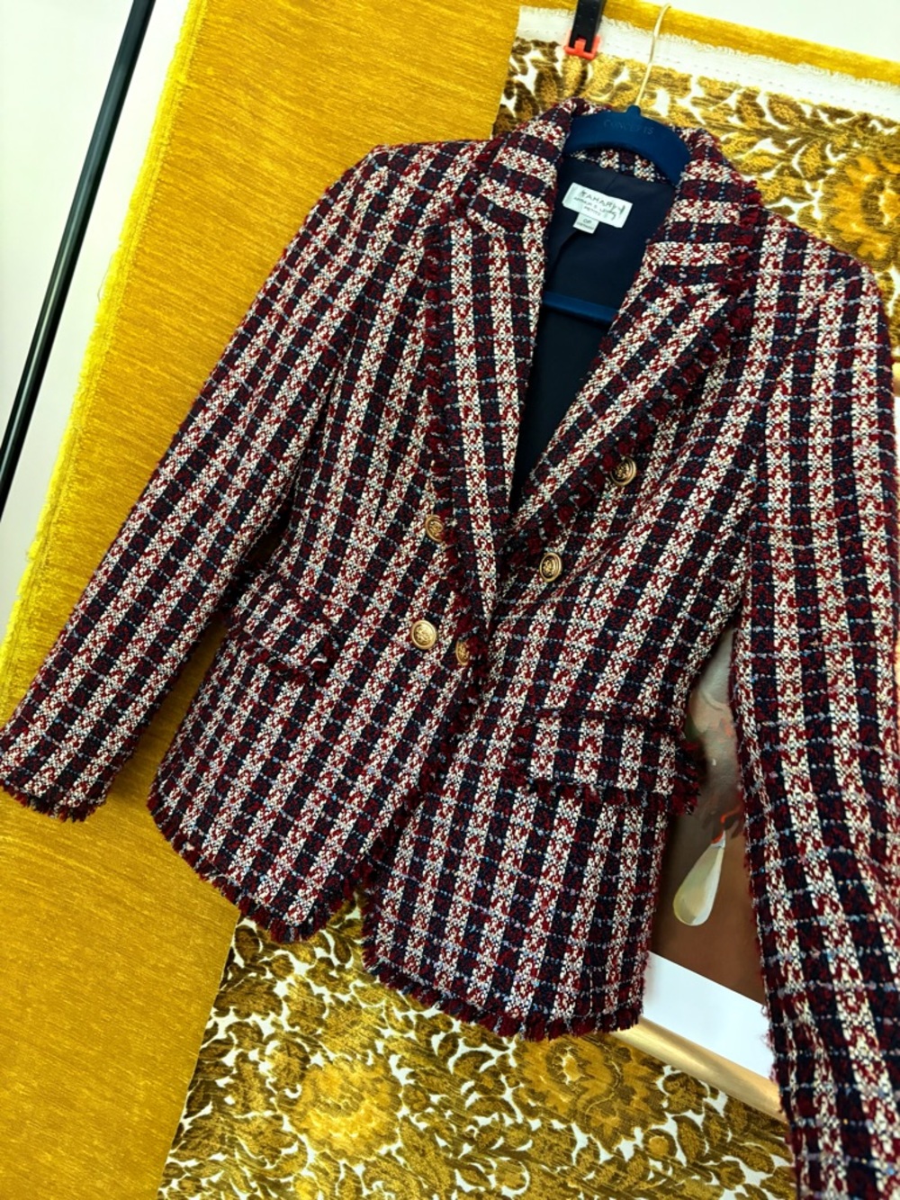 Tahari Burgundy Multi Tweed Fringe Double-BreastedRed/Burgundy Blazer - Picture 8 of 9